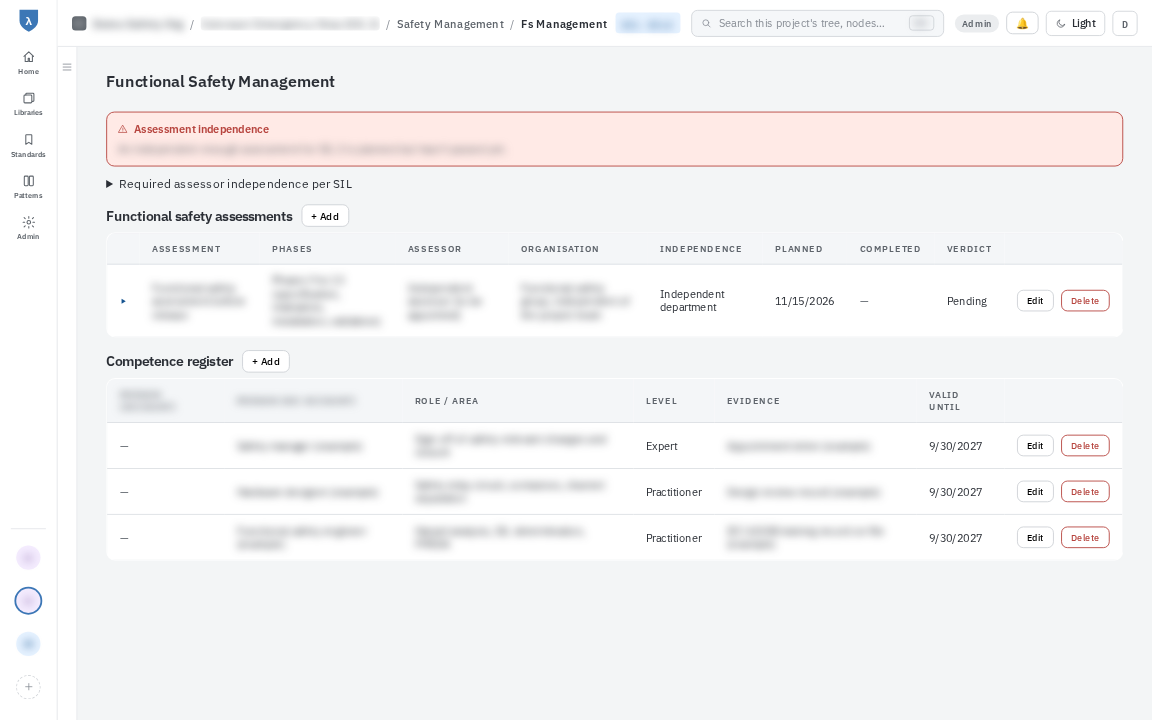 Functional safety management page with assessments, assessor independence and a competence register