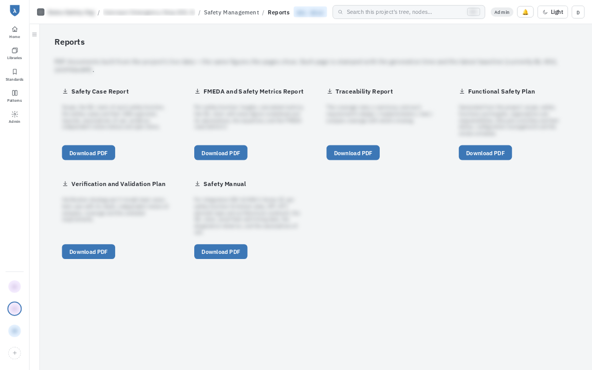 Reports page offering safety case, FMEDA, traceability, functional safety plan, V and V plan and safety manual PDFs